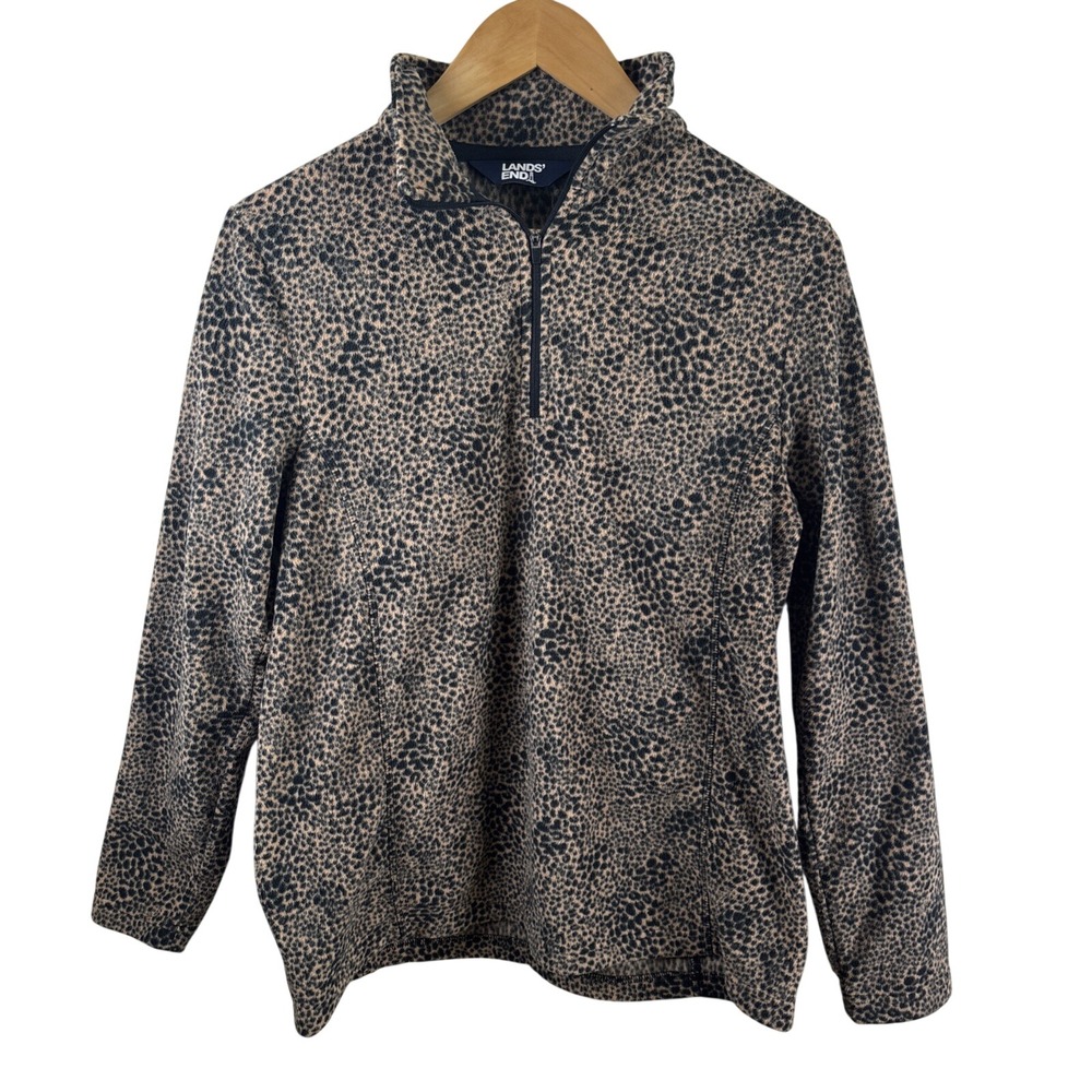 Lands End Fleece Pullover Womens Sz M Leopard 1/4 Zip Shirt Outdoor Warm